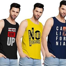 Men's Sleeveless Tank Top Vest with Motivational Prints, Pack of 3, Black Yellow Navy Blue-image-7
