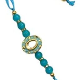 Handcrafted Designer Turquoise colored Rakhi for Brother with Blue Stones & Golden Accents – Elegant Rakhi | Gift for Men & Boys | Pack of 1-image-3