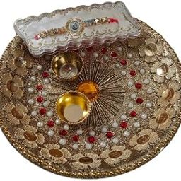 Decorative Rakhi Thali Set with 2 Bowls and Rakhi, Gold-Toned Traditional Design for Rakshabandhan Festival-image-81