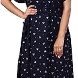 Women Maternity Alpine Dress Midi Nightgown, 1 Hidden Zip, Show Buttons, Waist Drawstring Adjustable Belt, Side Pocket (Dark Blue, NF1257 L)-picture-41
