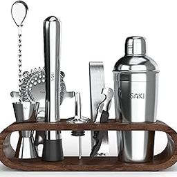 Saki Home Decor Stainless Steel Cocktail Shaker Gift Set with Stand - 10-Piece, Bartender Kit : Drink Shaker, Spoon, Jigger, Muddler, Strainer, Bottle Opener, Stopper,Pour Spouts, Stirrers, Tongs-21