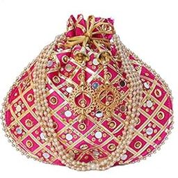 Women's Mirror Gotta Potli Embroidered Zari Design Potli Bag with Pearls & Beads Drawstring-image-26