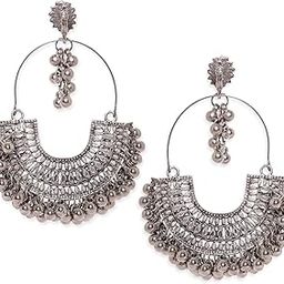 Silver oxidized ghungroo beaded statement chandbali earrings-35