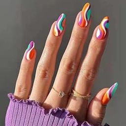 Secret Lives Acrylic Press on Nails Reusable Artifical Designer Fake Nails Extension Glossy White Aqua Pink Orange Combo 24 PCS Set with Kit-35
