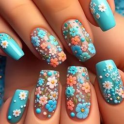 24pcs Glossy Square shape Medium Length Press On Nails - Floral Set, Mixed Color Floral Pattern, Glossy Finish, Spring/Summer Nail Art DecorReusable Artificial Nails for Easy At-Home Manicure, Decorative Pressons, Nail Art, Highquality Finish, Fashion Accessories-image-40