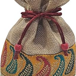 Natural Jute Potli Bags with Lining for Return Gifts (5 Pieces of 9x7 Inches Each) (Yellow Gold Brocade Border)-8