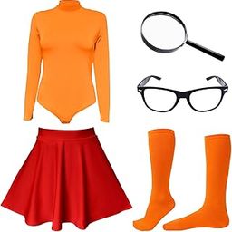 Halloween Costume for Women Sexy Long Sleeve Turtleneck Skater Skirt Magnifying Glasses Socks-image-40