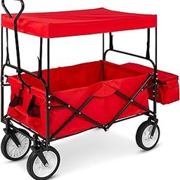 Best Choice Products Best Choice Products Folding Utility Cargo Wagon Cart for Beach, Camping, Groceries w/Removable Canopy, Cup Holders - Red-12