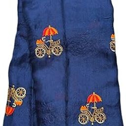 Jute Silk Embroidery Work Multipurpose Fabric for Blouse, Lehanga, Gowns (43 inches Width) (Nevy Blue with Orange, 3 MTS)-image-97
