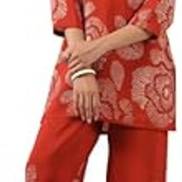 Women's Orange Printed Russian Silk Co-ord Set-image-2