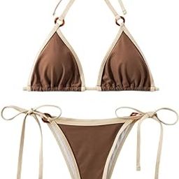 Women's Swimsuit Contrast Binding Ring Detail Halter Triangle Tie Side Bikini Swimsuit Beachwear-image-24