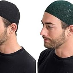 (2 Pack) Light Weight Turkish Crochet Kufi for Men's in Solid Colors, Islamic Muslim Knitting Kufi Topi Prayer Hat Skull Cap Elastic One Size Fits All Kufi Hats for Men,-12