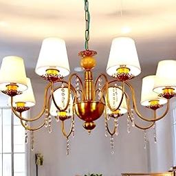 Prop It Up Make in India British Style Ceiling Mounted Hanging Pendant Lamp Light Chandelier in Golden Antique Finished with Fabric Shade & Height Adjustable Chain E-27 Holder (8 Shade)-image-10