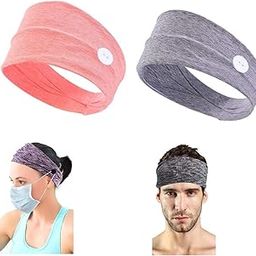 2 PCs Yoga Headband Headwrap with Button for Face mask | Unisex Non Slip Ear Protection Holder with Buttons Multifunctional Hair Band for Men & Women (Neon Orange & Grey)-49