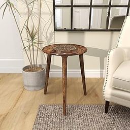 WOOYNEX Wooden Table with Three Legs A Modern Round Coffee Table and Side Table for Small Spaces with Pillar, Wood Books, Magazines, and Plant Stand for Living Room Entryway Table. (Antic Burning)-22