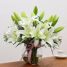 FlowerAura Fresh Live Flower Bouquet of 10 White Lilies In Fish Bowl For Birthday Gift, Anniversary Gift, Wedding Gift, Congratulations Gift & Gift For Special Occasions (Same Day Delivery)-image-20