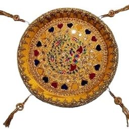 Decorative Pooja Thali, Gold-Toned Metal Plate with Beaded Design, Heart Cutouts and Tassels, Traditional Indian Style-image-75
