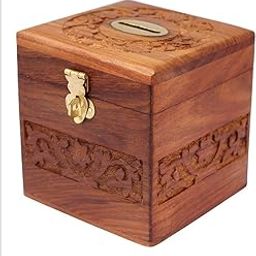 Shapar Goods® Wooden Money Bank/Piggy Bank/Coin Box (Square Carved)-14