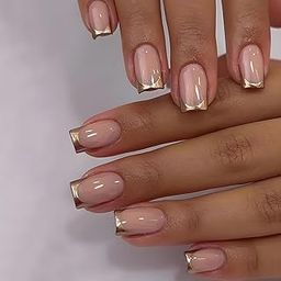 ZOONA 24 Reusable Artificial Fake Nail Set|Base Peach Colour with golden Square Tip Design Glossy Nail |Lightweight & Long Lasting| Easy To Use| Quick Fix For Festivals & Special Occasions-15