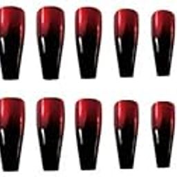 CherryBox 24 long Coffin press on nails Red Black Gradient fake nails Acrylic False Nails for Women and Girls (Jelly Glue Adhesive Tabs and Glue Included)-picture-11