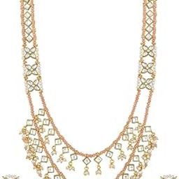 Gold Plated Peach Kundan & Beads Studded 2 Layer Long Necklace & Jhumki Earrings Set Ethnic Jewellery for Women-image-26