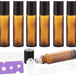 ZIZEMOJA 6Pcs 10ml Essential Oil Roller Bottles, with Stainless Steel Roller Balls, 10ml Amber Glass Roll on Bottles for Essential Oils, 1 Extra Roller Ball, 6 Labels, 1 Openers, 2 Droppers Included-10