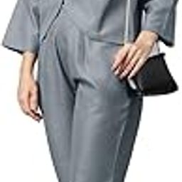 Women Solid Grey Lapel Collared Coat and Trousers Co-ord Set-image-61