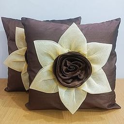 LOFEY Silk Flower Cushion Covers Set of 2 | Elegant 16x16 Inch (40x40cm) Square Pillow Cases for Sofas, Beds, and Chair (Brown)-1