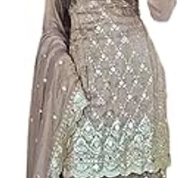 Women's Chinnon Silk Embroidery & Mirror Work Straight Kurti with Sharara & Dupatta Set-image-46