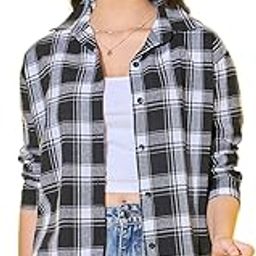 Pure Cotton Black White Plaid Printed Oversized Long Women's Shirt-image-34