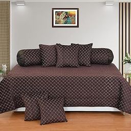 Hardeep Velvet Touch Chenille Diwan Bedsheet Set of 8 Pieces for Living Room Dining Hall (1 Single Bedsheet, 5 Cushion Covers, 2 Bolster - Set of 8) Brown-15
