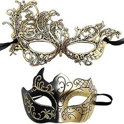 PATPAT® 2Pcs Couple Masquerade Masks, Luxury Hollow Out Lace Masquerade Masks for Women & Venetian Masquerade Mask for Men, Halloween Vintage Black Golden Lady Gentleman Party Mask for Costume Party-31