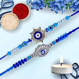 DRYPHON Premium Evil Eye Rakhi for Brother and Bhabhi | Premium Evil Eye Blue Thread Rakhi Set with Roli Chawal Tilak Set | Rakhi Set for Bhaiya Bhabhi with Tealight Candle for Aarti-7