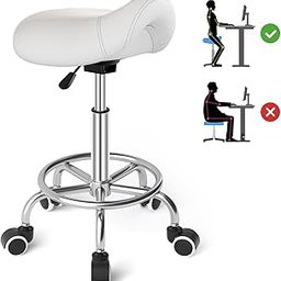 Saddle Stool Ergonomic- Comfortable Rolling Saddle Stool with Wide Thick Saddle Seat Padding, Swivel Adjustable Saddle Chair with Wheels and Ring Pedal for Medical Massage Salon, (Classic White)-image-62