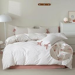 VM VOUGEMARKET Rose Flower Duvet Cover Queen Stripes Bedding Set 100% Cotton Vintage Country Style Girls Comforter Cover with 2 Bow Tie Pillowcases,Off-White/Cream-image-37