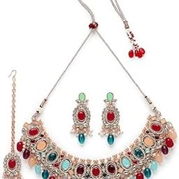 Bright Gold Plated Green Ad Stones With Drop Beads Studded Choker Necklace Set For Women-image-20