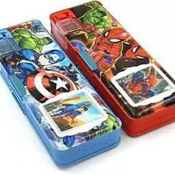 Taufa Villa Superhero Calculator Pencil Box Multipurpose Magnetic Pencil Box With Calculator & Dual Sharpener For Girls & Boys Cartoon Printed Pencil Case For Kids (Pack Of 2 Qty),multicolor-19