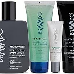 Bravado Personal Grooming 4 In 1 Monsoon Combo Kit - Pack of - Sans Qua Waterless Facewash, Spa Therapy Body Scrub, All Rounder Head to Toe Bodywash, Lip Balm Spearmint - 409g (Set of 4 Product)-0