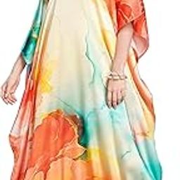 Soft Satin Kaftan with Digital Print and Hidden Adjustable Belt | Free Size [M-3XL] | Beach Dress | Summer Wear | Kaftan Dress for Women-9