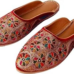 Multicolor Motley Embroidered Leather Flat Mules with Zari Accents on Red Velvet for Women-picture-43