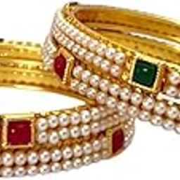 Gold Plated White Pearl Beaded Bangle With Square Studded Stone For Women And Girl (Set of 4)-2