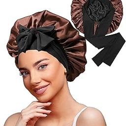 Atrube Women's Satin Silk Bonnet for Hair with 3 Satin Scrunchies, Satin Bonnet for Curly Hair, Reversible Silk Hair Cap for Sleeping, Adjustable Satin Hair Bonnet, Multicolor, Large (Cocoa Mocha)-10