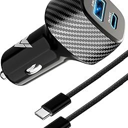 DR VAKU® 53W Car Charger Dual Port Output Fast Charging Type C PD 33W + 20W QC 3.0 USB for iPhone 15/14/13 All Series & Android Phones with 1 Meter Nylon Braided Type C Data Cable (Charger+Cable)-32