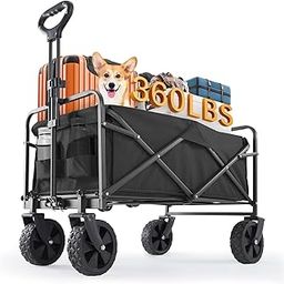 Sweetcrispy Collapsible Foldable Wagon Cart, Large Capacity Garden Beach Cart with All-Terrain Wheels, Heavy Duty Utility Grocery Wagon with Drink Holders for Shopping Sports Camping, Large Black-image-8