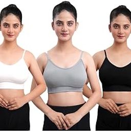 Women's Cotton Wire-Free Full Coverage Lightly Padded Sports Bra - Comfortable & Supportive Everyday Wear - Pack of 3 (Size- 34, Black, Grey, White)-3