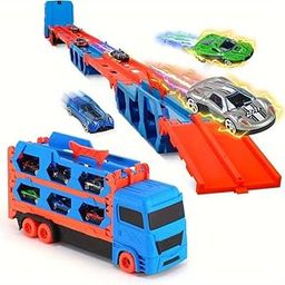 PLUSPOINT Big Hauler Transporter Truck Toy Set with 2 Ejection Race Track, Mega Deform Catapulting and Shooting Folding Storage Car Carrier with 2 Metal Car Gift for Kids Age 3+ (Trailer)-28