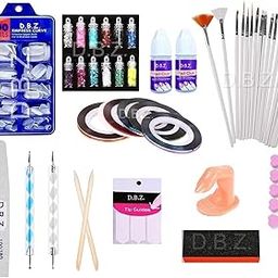 Nail Art Kit 12 Glass Bottles Glitter Stones,100 Nails, 5 Nail Tapes, 15 Nail Art brush, 2 Nail Dotting Pen with 2 Glue - Nails Kit-46