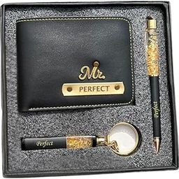 Personalized Leather Wallet Gift Set with Name Tag Gift for Man, Pen and Keychain, 3 Card Slots, 2 Cash Compartments, Gift for Friend, Boyfriend,Husband,Father, Son etc (Black)-image-4