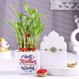 Floweraura Premium Handcrafted Divine Ganesha Rakhi With 2 Layer Lucky Bamboo Live Plant In Pot Include Roli Chawal Set - Rakhi Gift Hamper For Brother, Bhai, Kids, Bhaiya, Cousins-picture-0