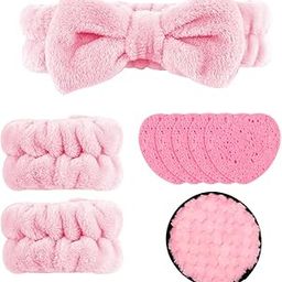 MAYCREATE® 9Pcs Face Wash Kit With Sponge Pads, Pluffy Makeup Remover Pad, Pink Bow Headband, Soft Microfiber Wristband - Facial Cleaning Set Supplies-49